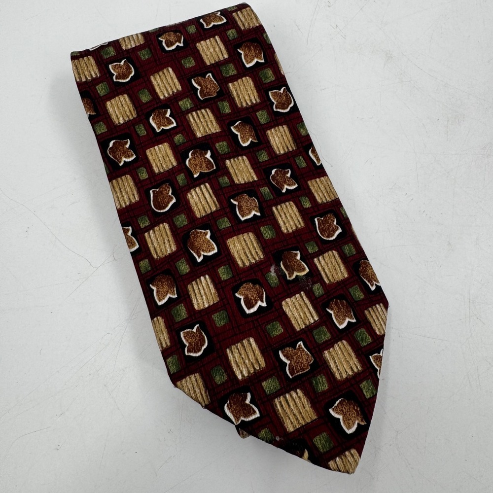 Enrico Coveri Necktie Burgundy Brown Leaf Pattern Silk Italian Made